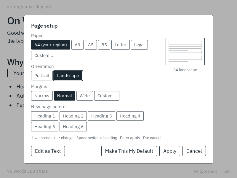 The page setup dialog with the paper, orientation and margins, and a picture of the page