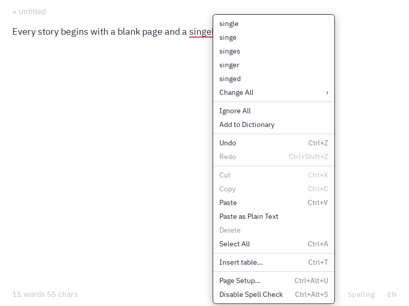 A misspelled word underlined in red, with the menu of suggestions open below it